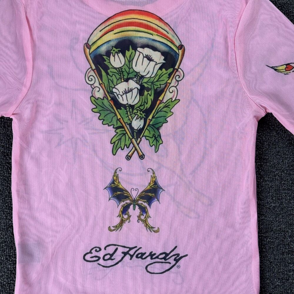 Ed Hardy X Siberia Halls Pink Mesh Tattoo Long Sleeve Top Size Sm Y2K Sheer - Picture 13 of 15